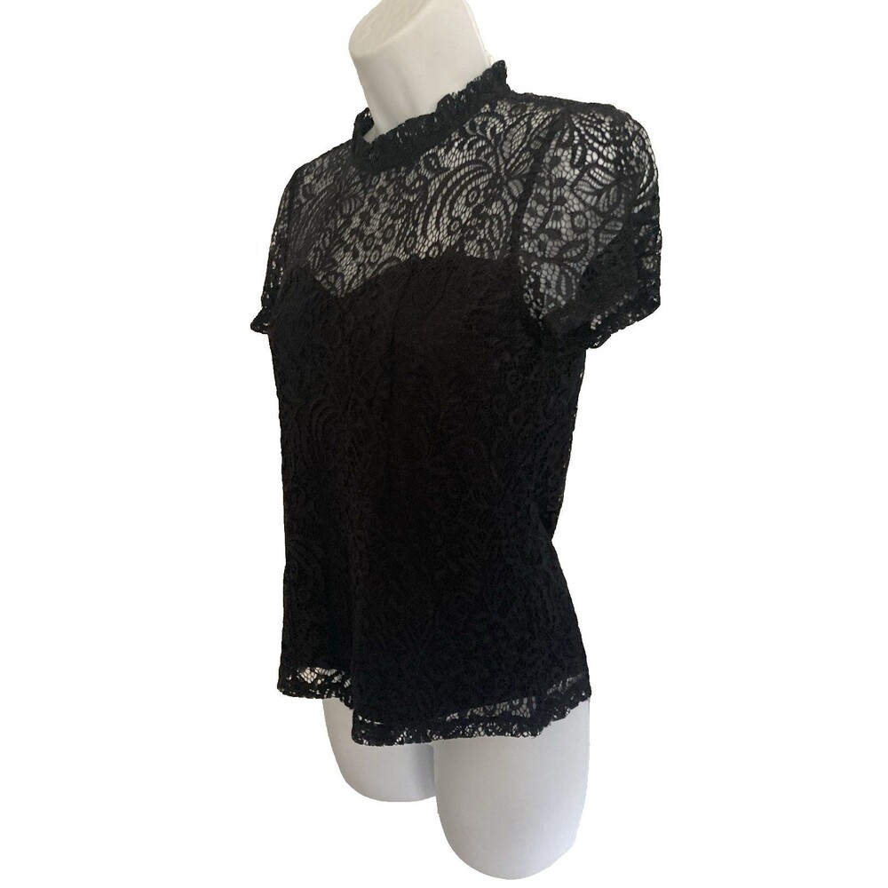 Cable And Gauge Women’s Top Size S Black Lace Overlay Mock Neck Whimsigoth Fairy